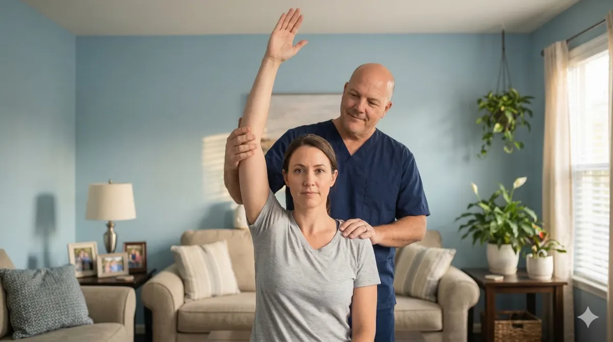 Chiropractor guiding an overhead shoulder movement