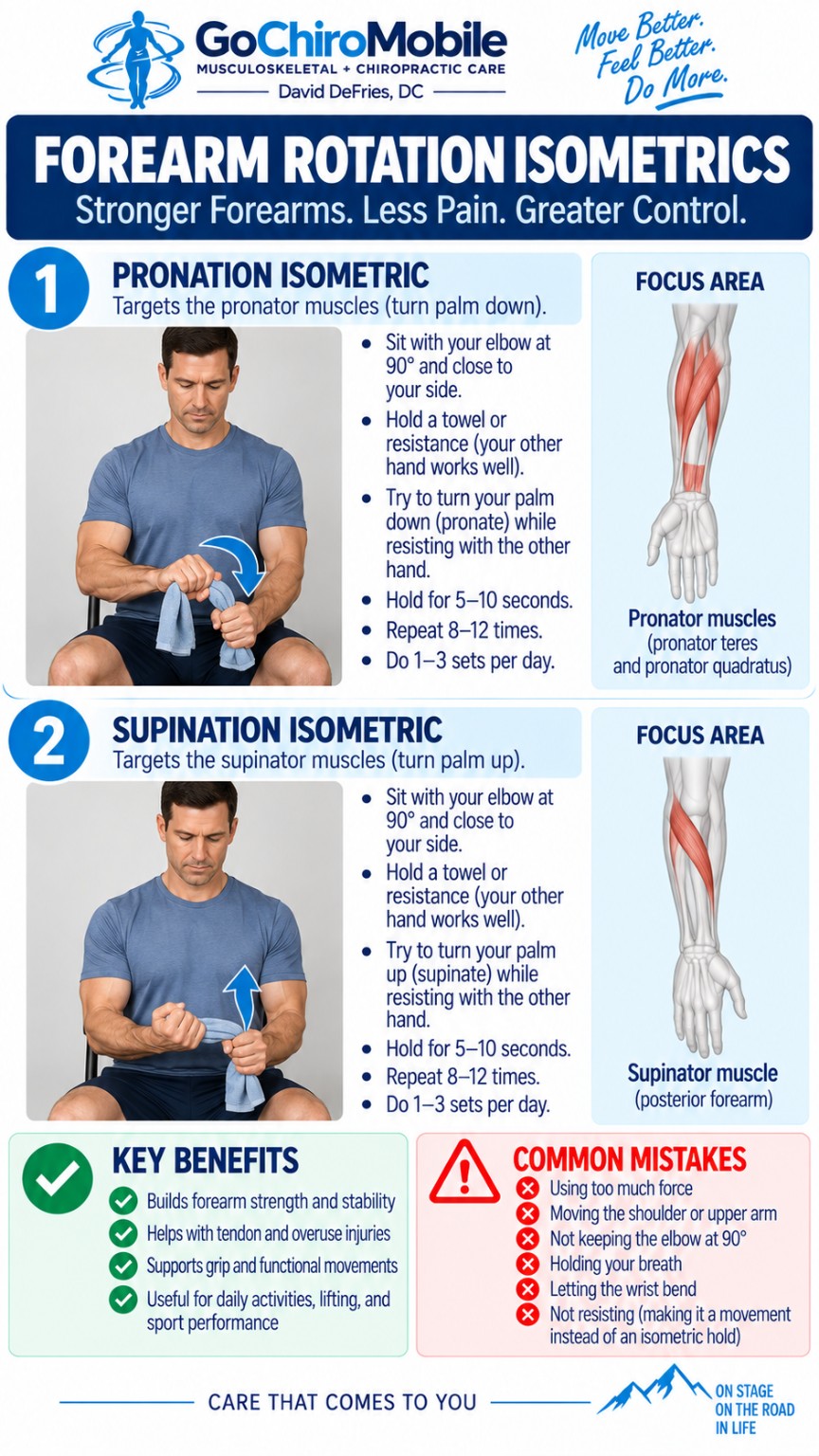 Forearm Rotation Isometrics exercise guide from Go Chiro Mobile